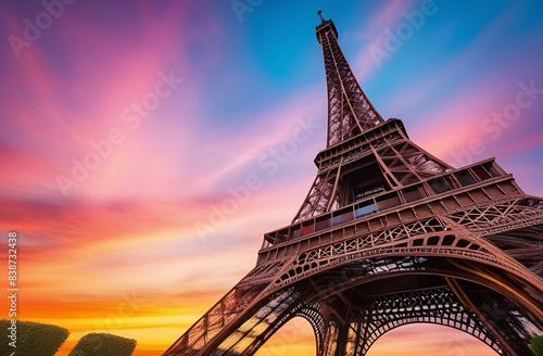 Eiffel Tower on a background of pink sunset and clouds. The concept of travel to Paris