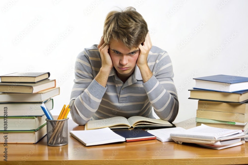 A young man sits at a desk with a stack of books and a cup of pens A young man sits at a desk with a stack of books and a cup of pens