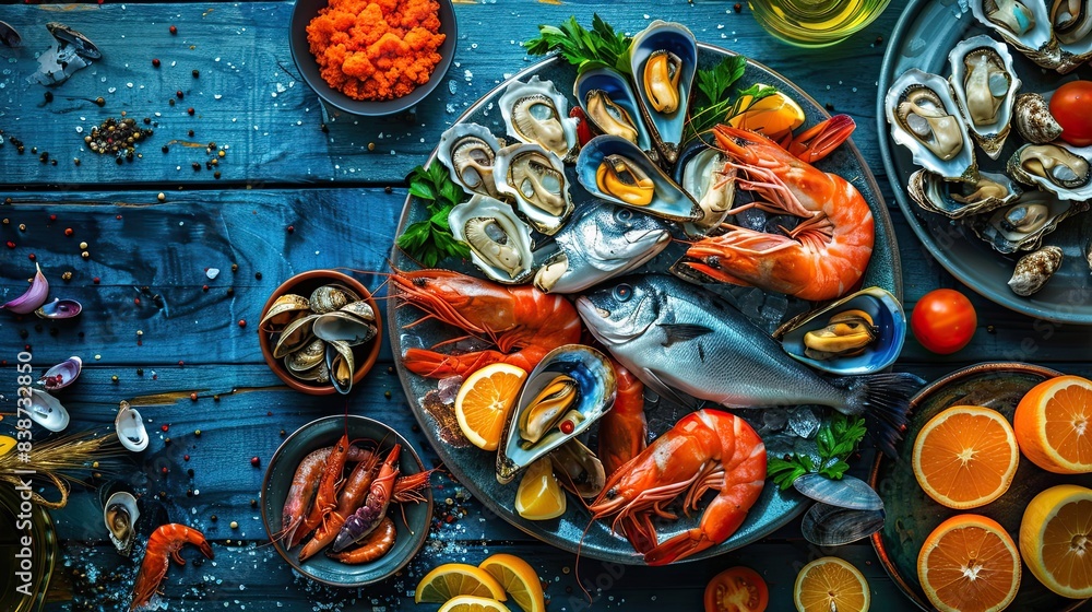 A vibrant display of fresh assorted seafood, including shrimp, fish, oysters, and mussels, arranged on a rustic blue wooden table with lemons and spices.. A vibrant display of fresh assorted seafood, including shrimp, fish, oysters, and mussels, arranged on a rustic blue wooden table with lemons and spices..