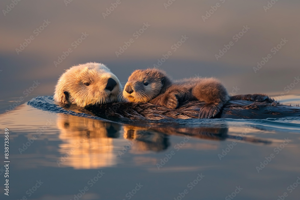 Tender Moment Between Sea Otter Mother and Pup Tender Moment Between Sea Otter Mother and Pup