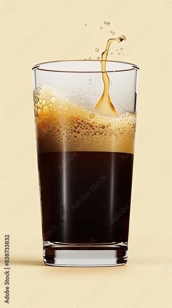 A clear glass filled with dark beer, topped with a frothy head, against a plain beige background.. A clear glass filled with dark beer, topped with a frothy head, against a plain beige background..