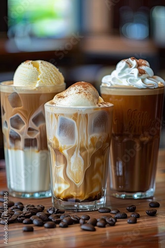 Three glasses of iced coffee drinks topped with scoops of ice cream and whipped cream, presented on a wooden table with coffee beans..