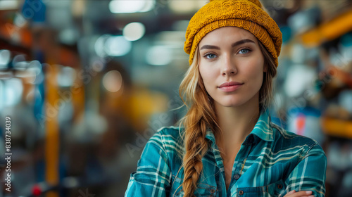 A woman in a yellow beanie standing in warehousing.