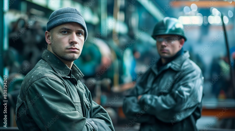 Two men standing in a factory. Two men standing in a factory.