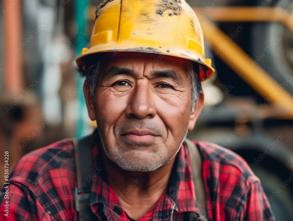 A man in a hard hat and plaid shirt. A man in a hard hat and plaid shirt.