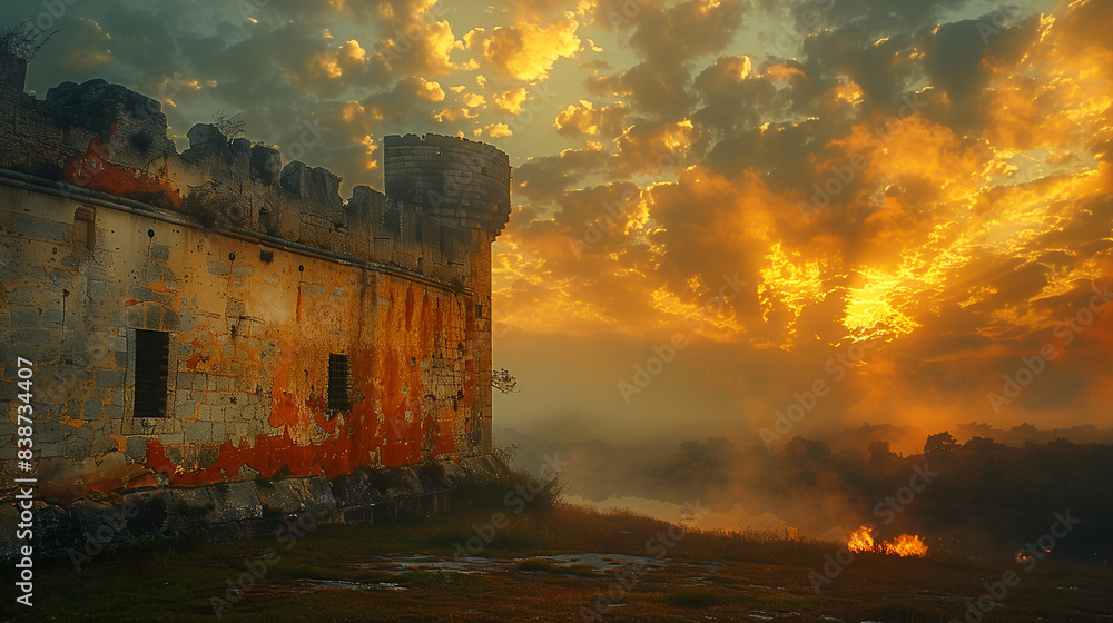 Fototapeta premium Ancient castle, sun rising behind walls, interplay of shadows and light