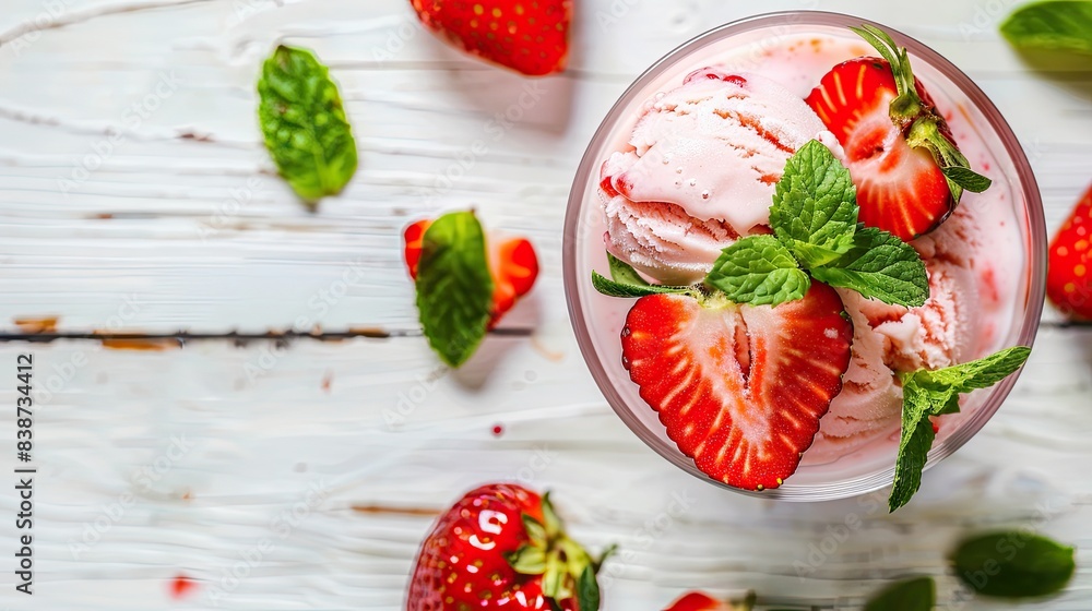 A bowl of strawberry ice cream garnished with fresh mint leaves and sliced strawberries on a white wooden table, offering a refreshing dessert.. A bowl of strawberry ice cream garnished with fresh mint leaves and sliced strawberries on a white wooden table, offering a refreshing dessert..