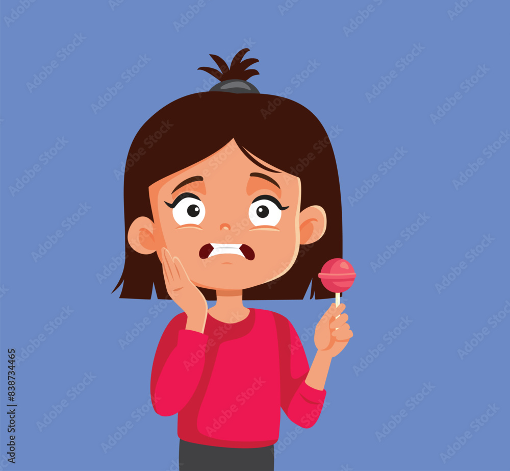 Girl Having Cavities from Eating Too Much Sugar Vector Illustration. Unhappy child suffering from painful dental symptoms due to poor diet 
