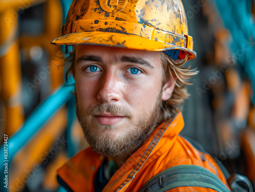 A man in an orange hard hat with blue eyes. © VISUAL BACKGROUND