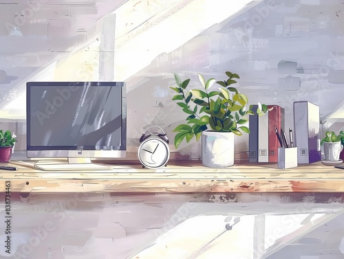 19 Boss's table, minimalist design, desktop monitor, pen set, clean office, high detail