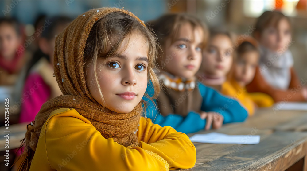 A young girl in a yellow scarf sits at a desk. A young girl in a yellow scarf sits at a desk.