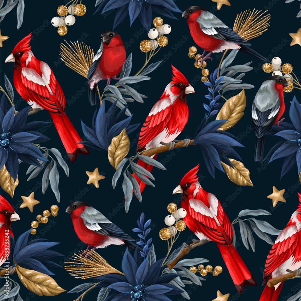 Seamless pattern with Christmas elements such as fir, red birds, flowers . Vector. Seamless pattern with Christmas elements such as fir, red birds, flowers . Vector.