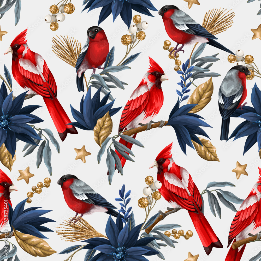 Obraz premium Seamless pattern with Christmas elements such as fir, red birds, flowers . Vector.