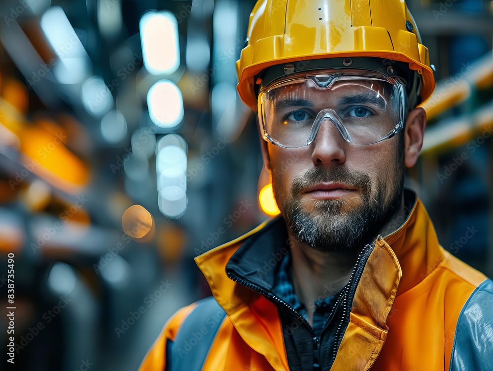 A man in a hard hat and safety glasses. A man in a hard hat and safety glasses.