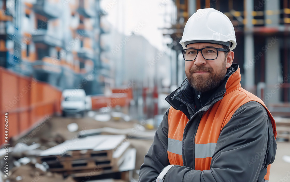 A man in a hard hat standing in front of construction site.