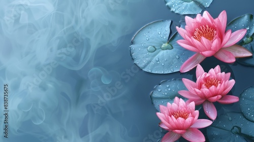 Pink lotus flowers bloom on a serene blue pond with water droplets on lily pads, copy space