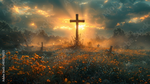 cinematic, landscape photography, A cross on a hill, and in the sky you can see the kingdom of Heaven.