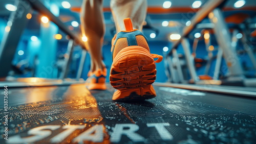 Close up of feet,sportsman runner running on treadmillwith word