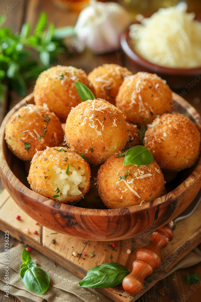 Arancini with a crispy golden crust, served in a traditional Italian trattoria Arancini with a crispy golden crust, served in a traditional Italian trattoria