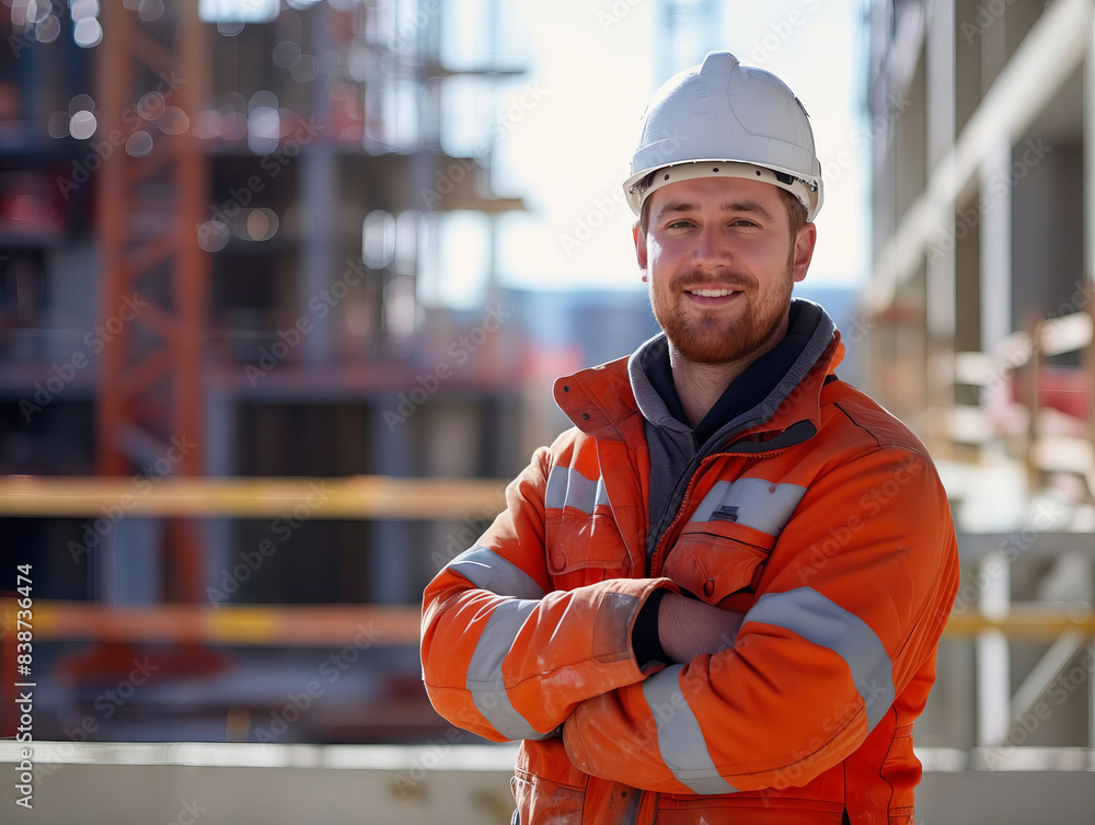 A man in an orange hard hat standing in front of a construction site. A man in an orange hard hat standing in front of a construction site.