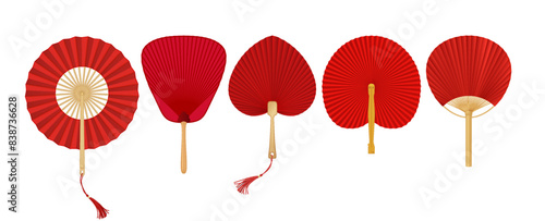Red Chinese hand fans realistic vector illustration set. Elegant vintage souvenir accessory from Asia 3d objects on white background