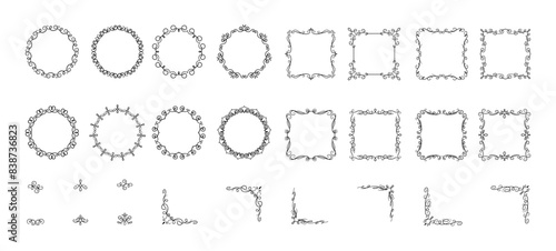 Vintage decorative frames with corners and details flat vector elements set. Swirled borders for retro design collection on white