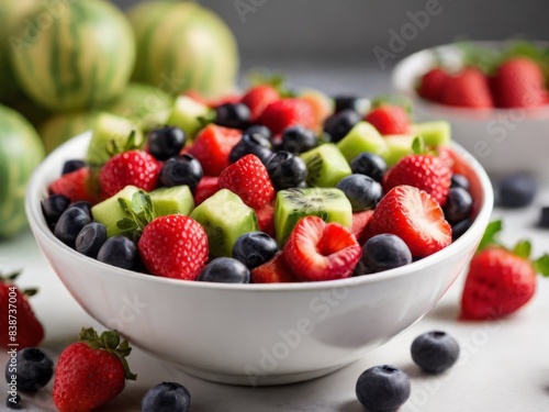 A small portion of cubed melons  strawberries  and blueberries arranged neatly in a white bowl.