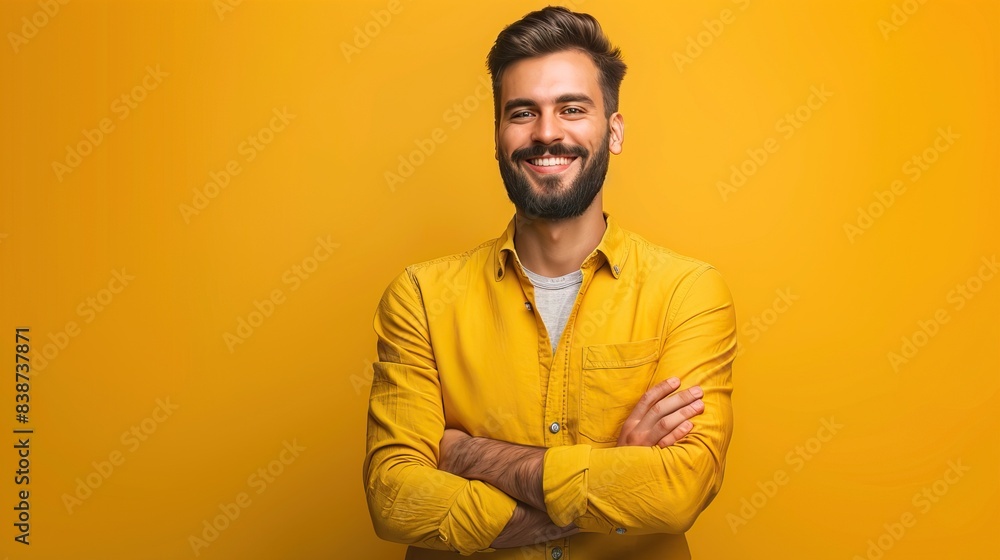 Fototapeta premium Smiling confident man with beard wearing yellow shirt standing with crossed arms in front of bright yellow background studio portrait casual cheerful