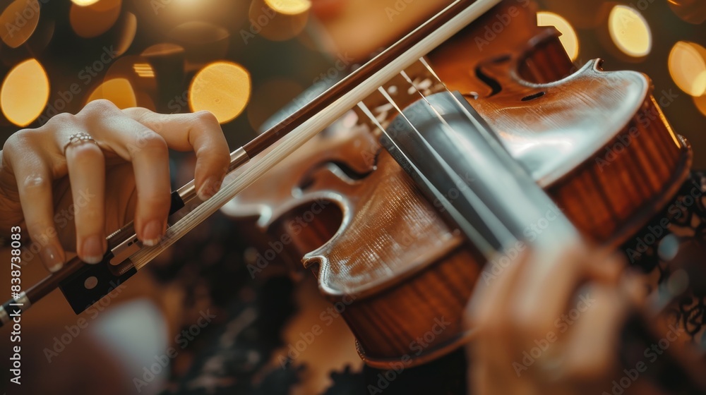 Fototapeta premium Close-up of woman violinist playing a violin with a beautiful bokeh light background