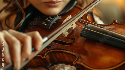 Woman violinist playing violin close up, Chin in the violins chinrest. photo