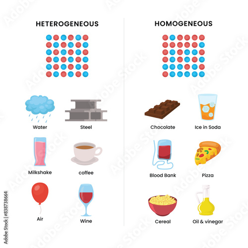 Homogeneous vs heterogeneous mixture physical properties diagram infographic. Labeled educational particle bonding and uniform throughout entire system explanation with examples.