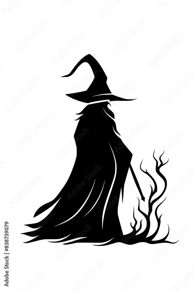 Silhouette of Witch with Magic Staff, Black and white silhouette of a witch holding a magical staff, evoking mystery and fantasy themes. Silhouette of Witch with Magic Staff, Black and white silhouette of a witch holding a magical staff, evoking mystery and fantasy themes.