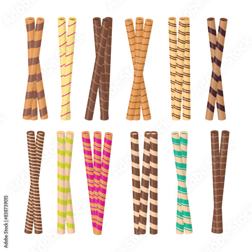 Set of Wafer rolls icons set cartoon vector. Choco stick. Roll sweet, Stick roll sweet. Candy bakery, biscuit waffle sticks with chocolate, delicious dessert isolated on white background.