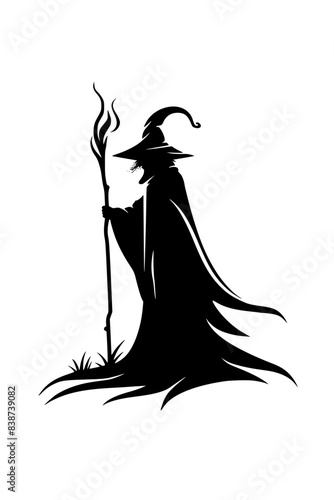 Silhouette of Witch with Magic Staff, Black and white silhouette of a witch holding a magical staff, evoking mystery and fantasy themes.