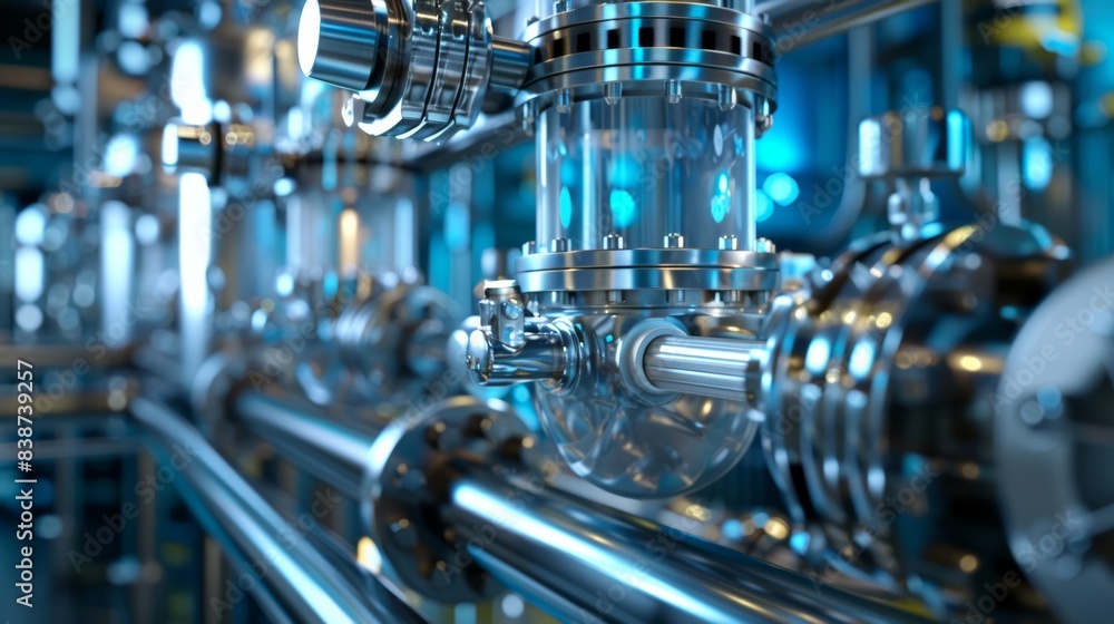 Fototapeta premium The intricate network of pipelines and valves highlights the focus on optimization and efficiency in hydrogen production.