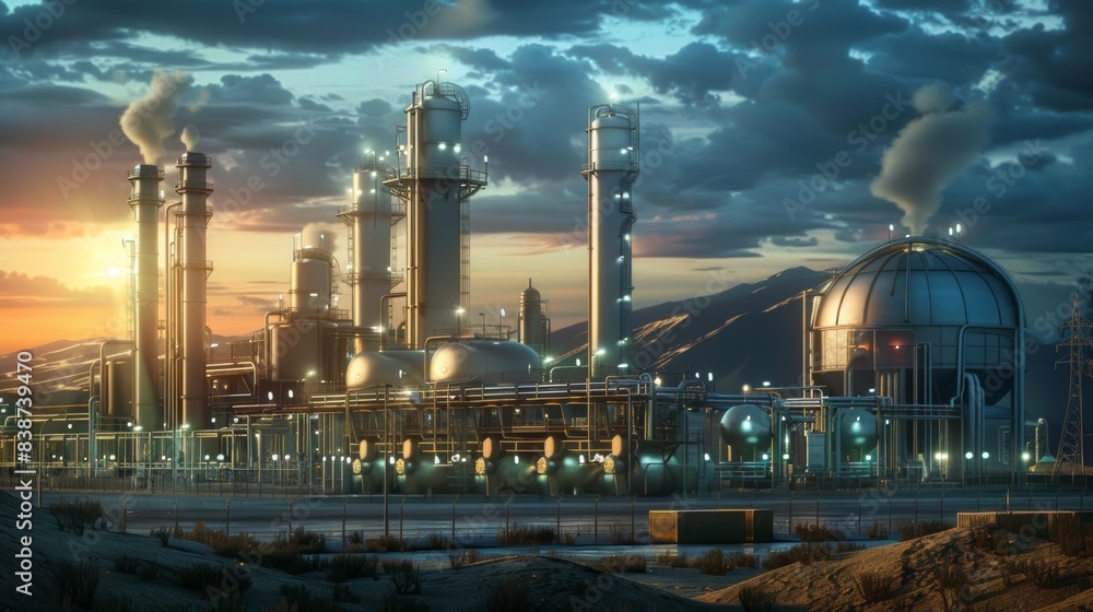 Fototapeta premium Expansive hydrogen refinery complex at sunset, showcasing towering structures and advanced industrial technology