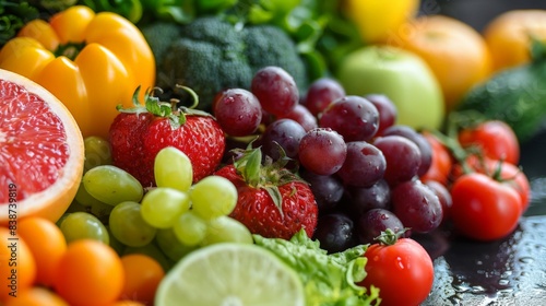 A colorful assortment of fruits and vegetables  including grapes  strawberries