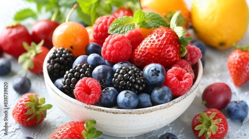 A bowl of mixed berries and fruit including strawberries  blueberries