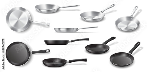 Non stick and stainless frying pans realistic vector illustration set. Food cooking equipment design. Kitchenware 3d objects on white background