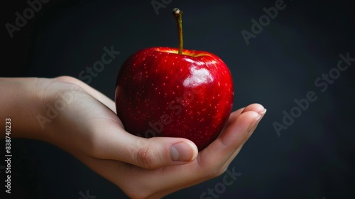 Vibrant Red apple in woman's hand, isolated against a dark back background.