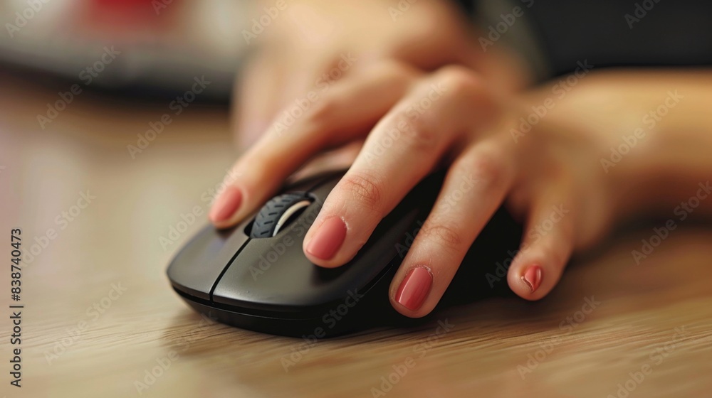Woman's hand on computer mouse close up, black wireless mouse click. Woman's hand on computer mouse close up, black wireless mouse click.