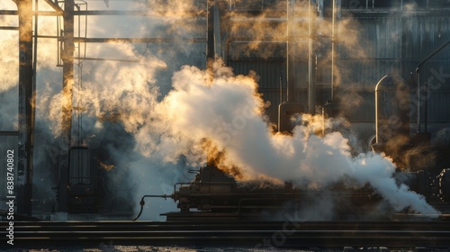 Industrial scene depicting the interaction of methane and steam in a refinery, with billowing clouds of vapor photo