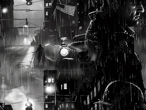 36 Hardboiled detective, rain-soaked street, city lights, noir style, hyper detailed photo