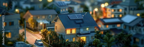A Miniature Model of a House with Solar Panels on the Roof, a Photovoltaic System, Illuminated in the Style of the Lights Inside the Home, from a Top View, with a City Background.