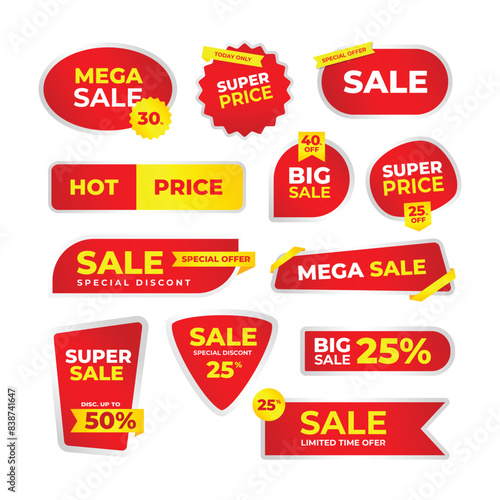 Set of red sale discount label banner collection, mega sale super price, hot price badge, Red ribbons, tags and stickers. Vector illustration, Trendy red sales promotion banner element.