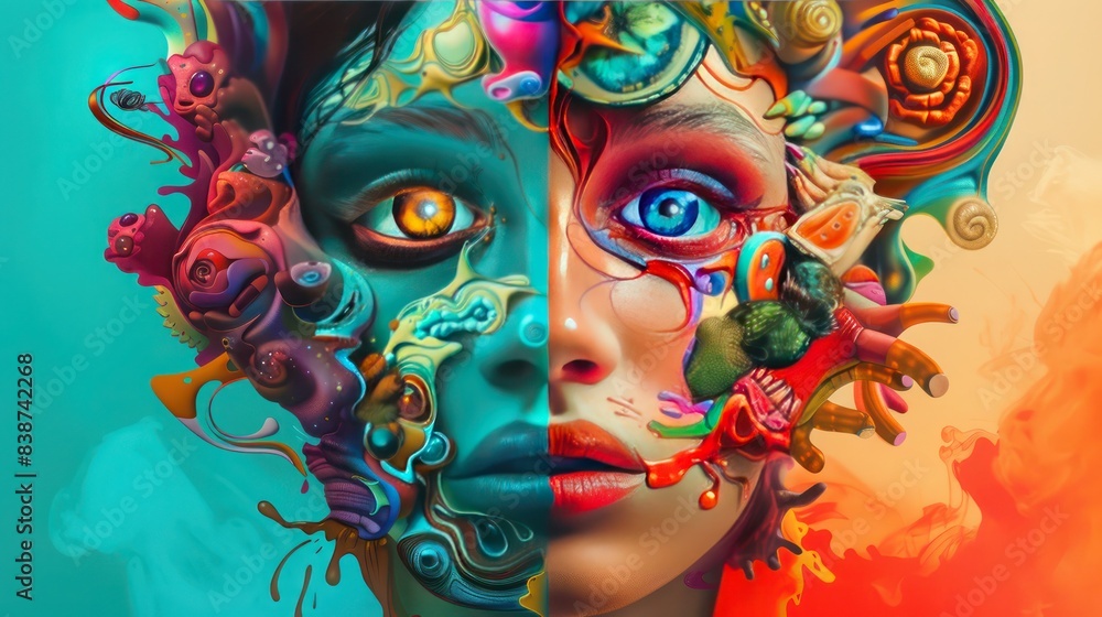 Split view of random objects, half in surreal illustration, half hyper-realistic, vibrant colors, mixed styles Split view of random objects, half in surreal illustration, half hyper-realistic, vibrant colors, mixed styles
