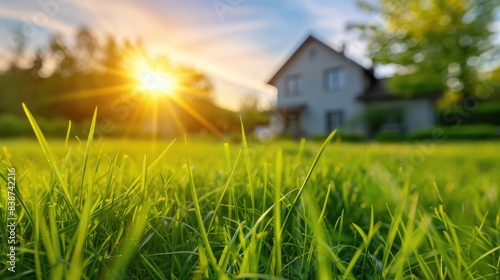 Tall green juicy young grass at sunset in sunshine in spring summer against a blurred rural landscape with a house 