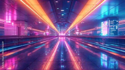 A neon-lit airport terminal with futuristic architecture, glowing pathways, and interactive displays, creating a dynamic and modern travel hub, Neon, High-tech © Khritthithat