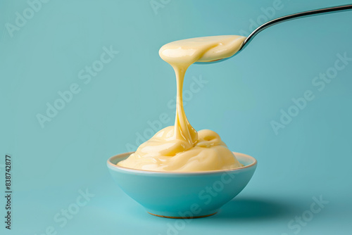 A spoon pouring white sauce into a bowl on a blue background, childhood arcadias, raw vulnerability, unpolished authenticity, and light yellow and light amber colors. photo