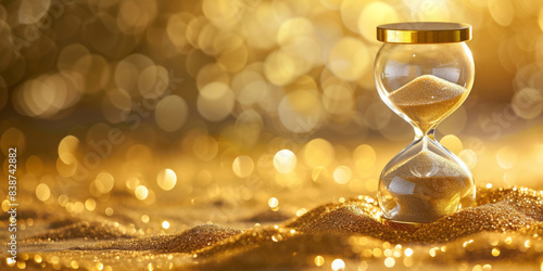 An hourglass, with a pile of sand, in a shot on a gold background, bokeh, timeless elegance, precarious balance, and light beige and silver colors.